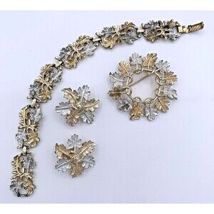 Vintage SARAH COVENTRY Leaf Set Brooch Bracelet Earrings Silver Gold Tone